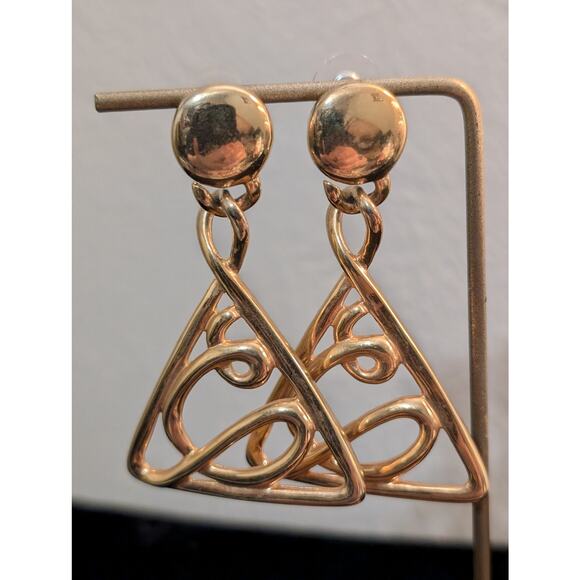 Vintage 80s Large Gold Plate Swirl Drop Triangle Dangle Pierced Earrings